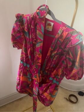 FARM Rio Pink Tropical Print Puff Sleeve Romper